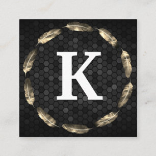 Gold Feather Circle Geometric Pattern Monogram Square Business Card
