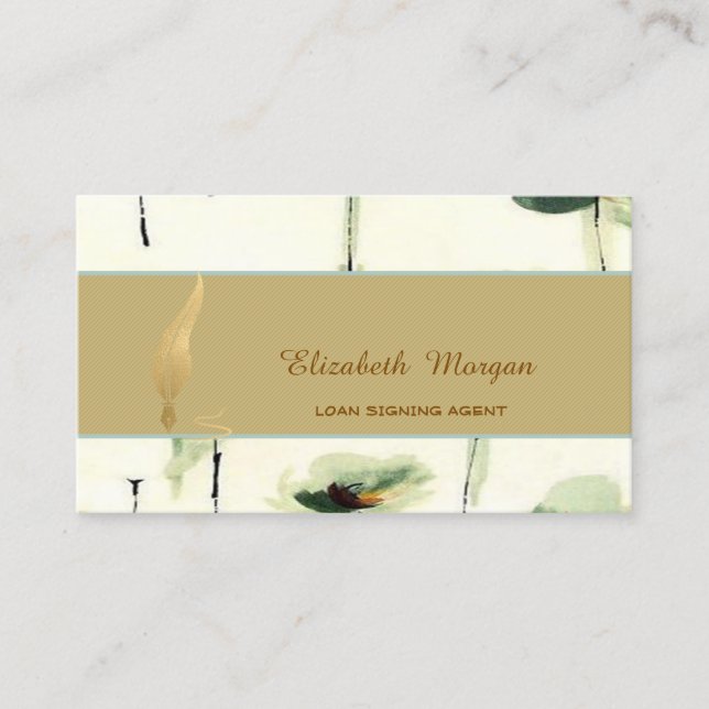 Gold Feather Notary Stripe Floral Business Card (Front)