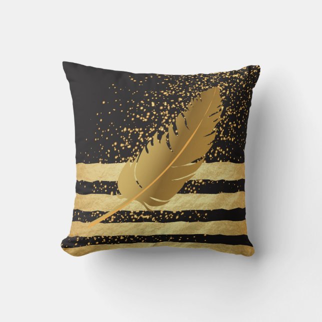 Gold Feather on Gold Confetti and Stripes Throw Pillow (Front)