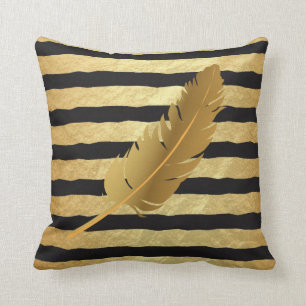 Gold Feather on Gold Foil and Black Stripes Throw Pillow