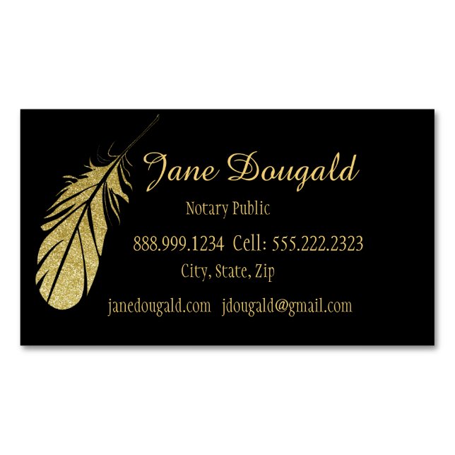 Gold Feather Pen Black Classic Notary Legal  Business Card Magnet (Front)