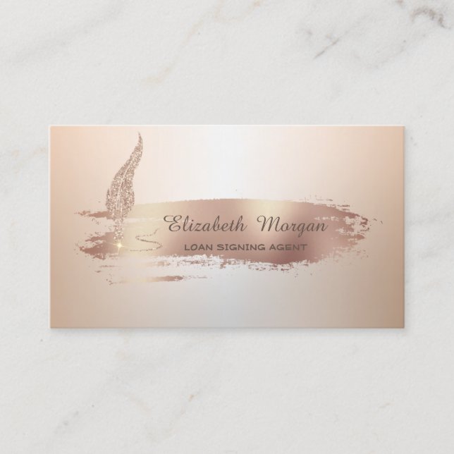 Gold Feather Rose Gold Brush Stroke Notary Business Card (Front)