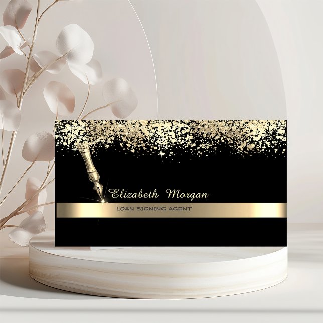 Gold Feather Stripe Confetti Black Notary Business Card (Creator Uploaded)