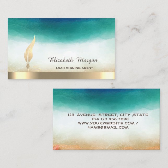 Gold Feather Stripe Watercolor Green Notary  Business Card (Front/Back)