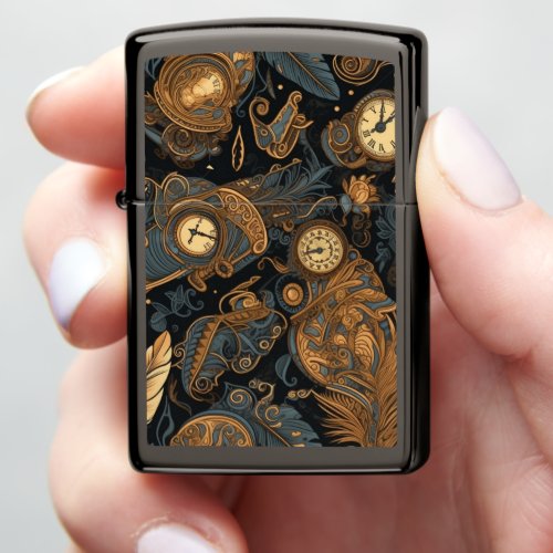 Gold feathers and clocks Steampunk Gears 3 Zippo Lighter