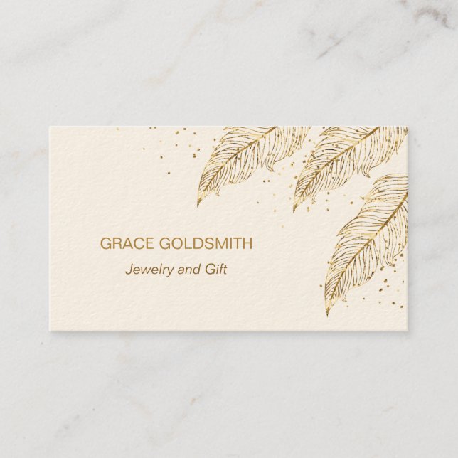 Gold feathers and confetti jewelry business card (Front)