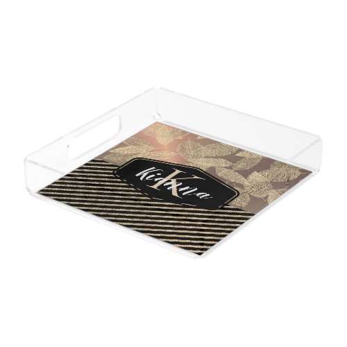 Gold Feathers Glitter Gold Stripes Monogram        Acrylic Tray