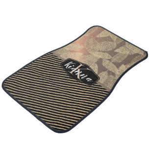 Gold Feathers Glitter Gold Stripes Monogram Car Floor Mat