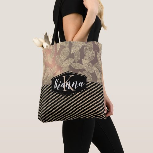 Gold Feathers Glitter Gold Stripes Monogram Tote Bag