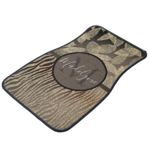 Gold Feathers Glitter Zebra Print Monogram Car Floor Mat