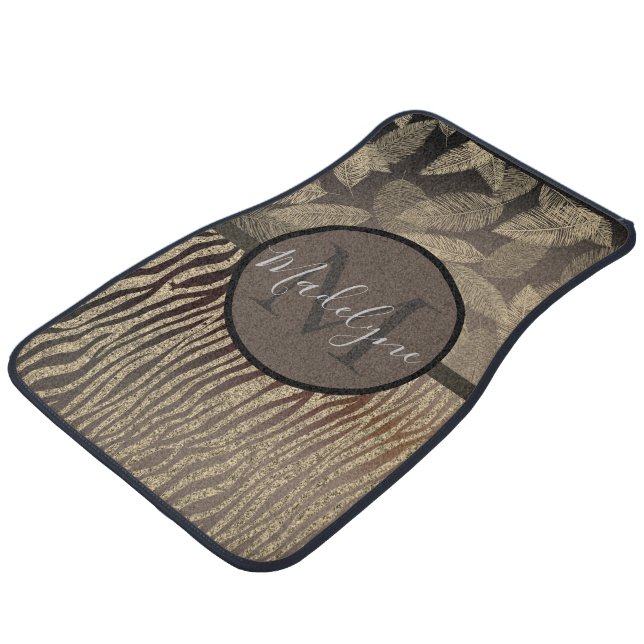 Gold Feathers Glitter Zebra Print Monogram    Car Floor Mat (Angled)