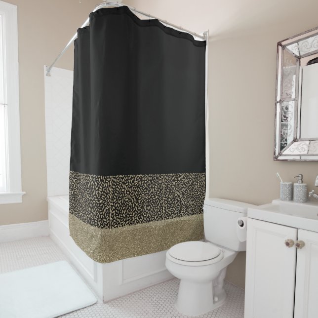 Gold Feathers Gold Glitter on Black Shower Curtain (In Situ)
