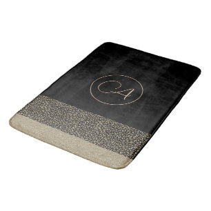 Gold Feathers on Black Monogram Bath Towel Set Bat Mat