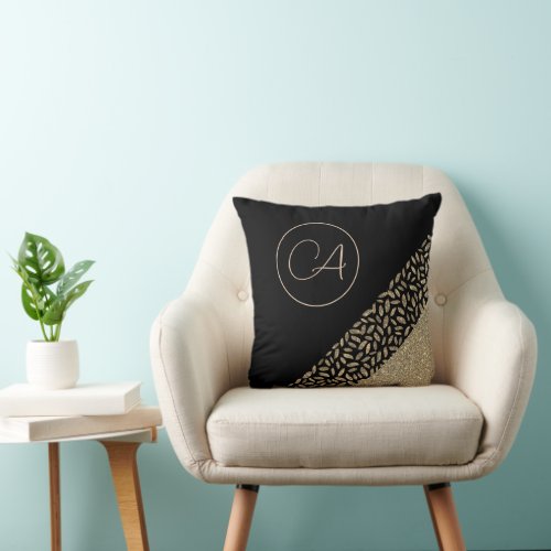 Gold Feathers on Black Monogram Modern Throw Pillow