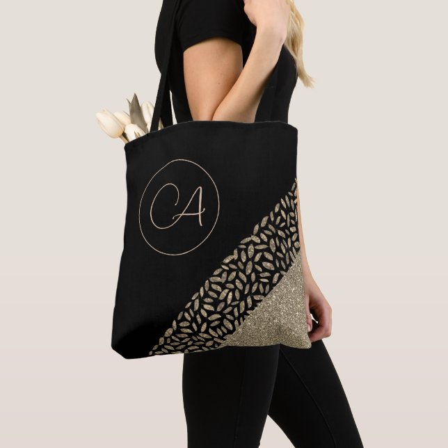 Gold Feathers on Black Monogram Tote Bag (Close Up)