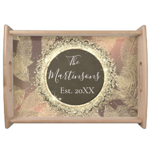 Gold Feathers on Gold Rose Family Name Serving Tray