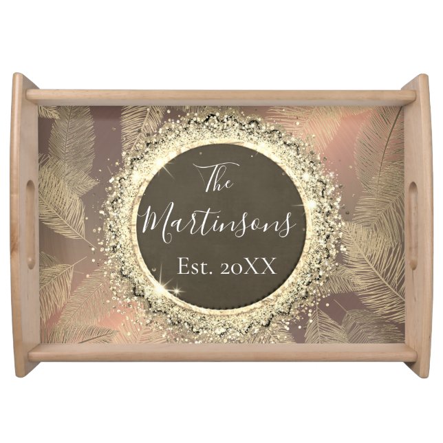 Gold Feathers on Gold Rose Family Name Serving Tray (Front)