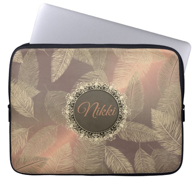 Gold Feathers on Gold Rose Personalized        Laptop Sleeve (Front)
