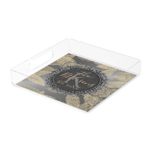 Gold Feathers on Silver Monogram Family Acrylic Tray