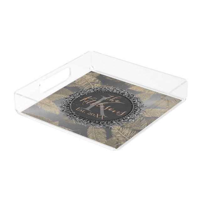 Gold Feathers on Silver Monogram Family    Acrylic Tray (Angled)