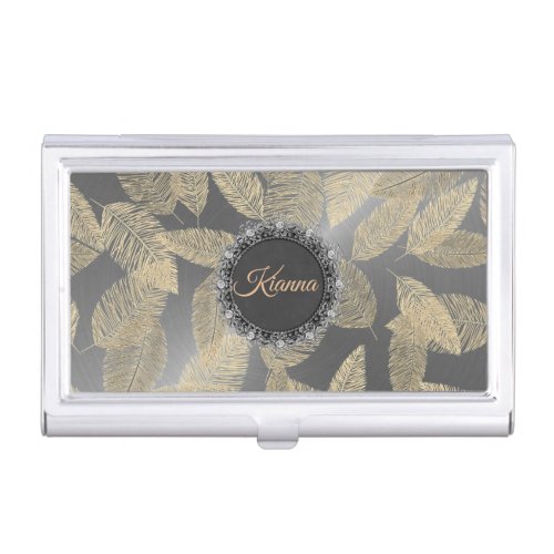 Gold Feathers on Sleek Silver Personalized Business Card Case