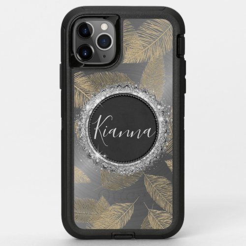 Gold Feathers on Sleek Silver Personalized  OtterB OtterBox Defender iPhone 11 Pro Max Case