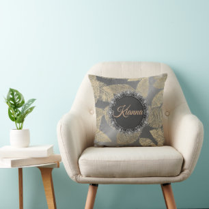 Gold Feathers on Sleek Silver Personalized    Throw Pillow