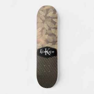 Gold Feathers  Rose Gold Stripes Monogram         Skateboard