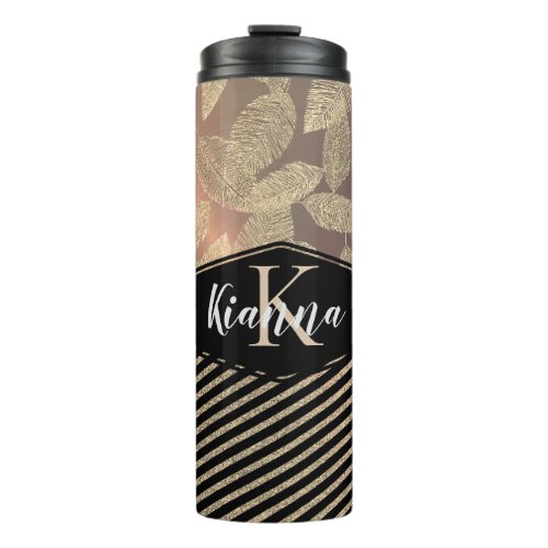 Gold Feathers Rose Gold Stripes Monogram         Thermal Tumbler