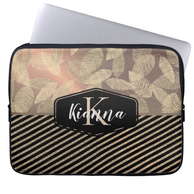 Gold Feathers with Glittery Stripes Monogram Laptop Sleeve (Front)