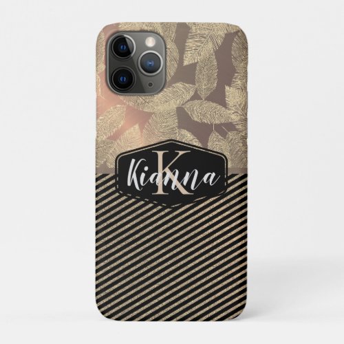 Gold Feathers with Gold Stripes Monogram        iPhone 11 Pro Case