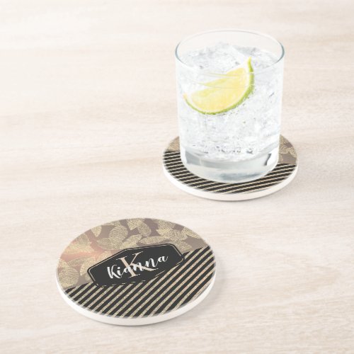 Gold Feathers with Gold Stripes Monogram         Coaster