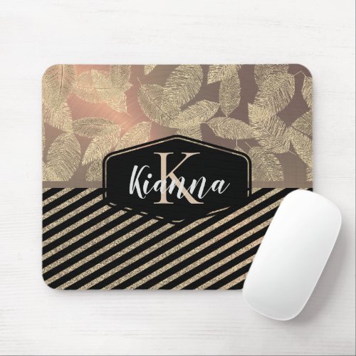 Gold Feathers with Gold Stripes Monogram         Mouse Pad