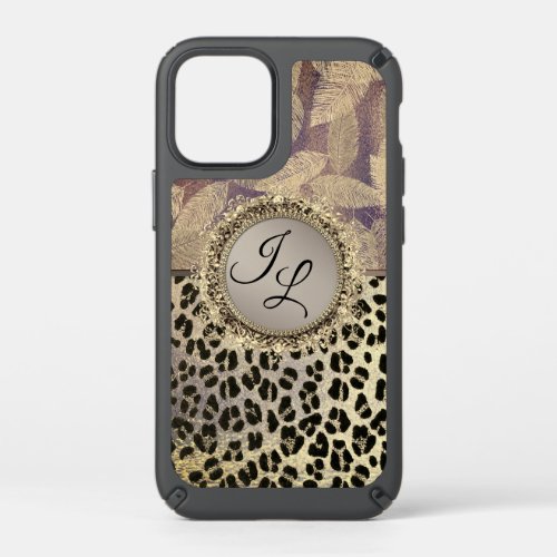 Gold Feathers with Leopard Print Monogram Glitter  Speck iPhone 12 Mini Case