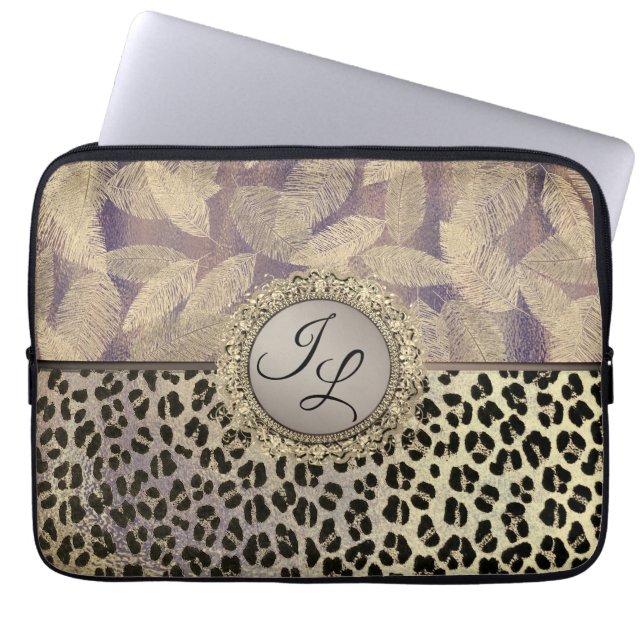 Gold Feathers with Leopard Print Monogram        Laptop Sleeve (Front)