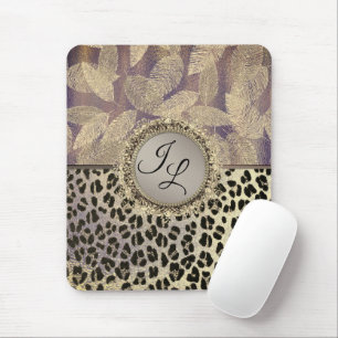 Gold Feathers with Leopard Print Monogram        Mouse Pad