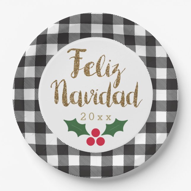 Gold Feliz Navidad Black White Buffalo Plaid Paper Plates (Front)