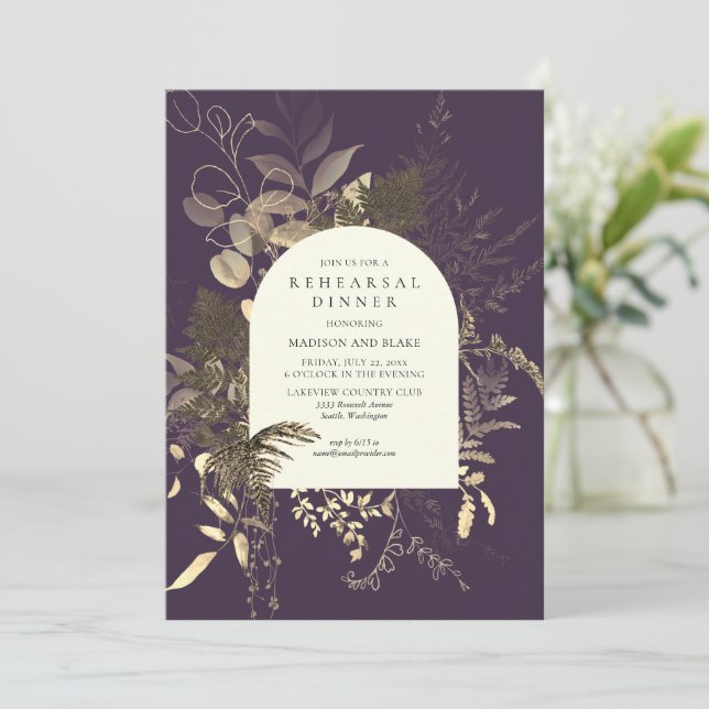 Gold Fern Greenery Purple Wedding Rehearsal Dinner Invitation (Standing Front)