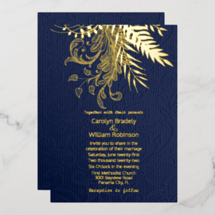 Gold Ferns and Foliage on Blue Damask Wedding Foil Invitation