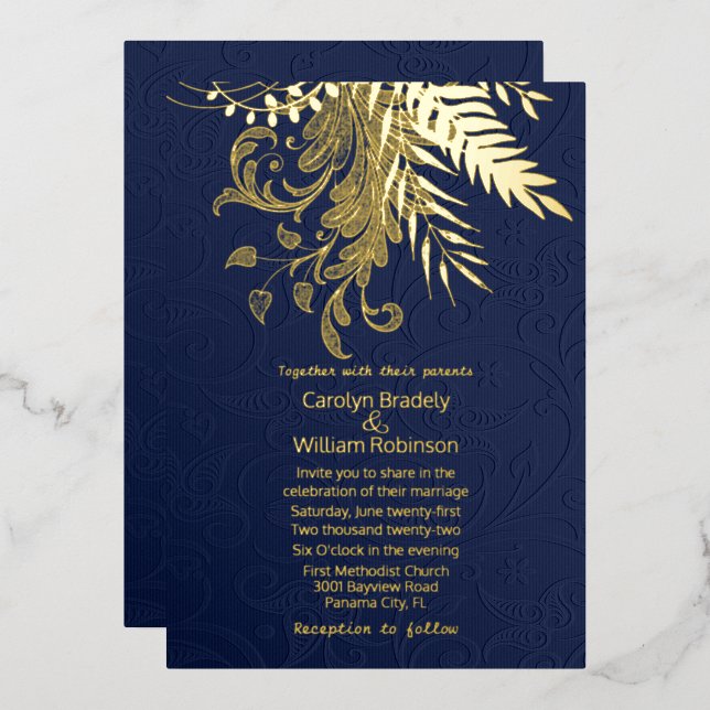 Gold Ferns and Foliage on Blue Damask Wedding Foil Invitation (Front/Back)