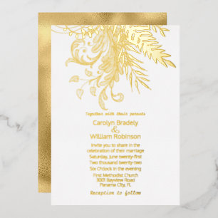 Gold Ferns and Foliage on White Wedding Foil Invitation