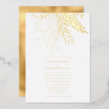 Gold Ferns And Foliage On White Wedding Foil Invitation by Myweddingday at Zazzle