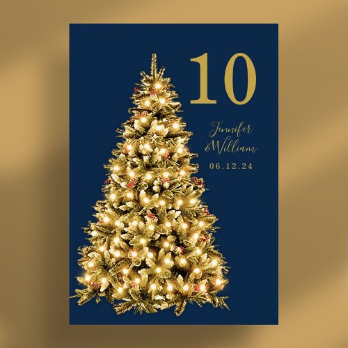 Gold Festive Christmas Tree Holiday Wedding Navy  Table Number