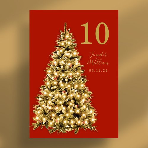 Gold Festive Christmas Tree Holiday Wedding Red Table Number