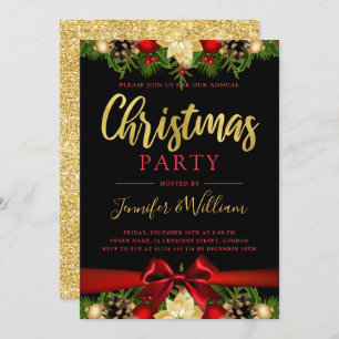 Gold Festive Floral & Ribbon Xmas Holiday Party Invitation