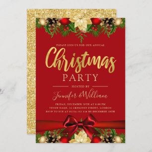 Gold Festive Floral & Ribbon Xmas Holiday Red Invitation