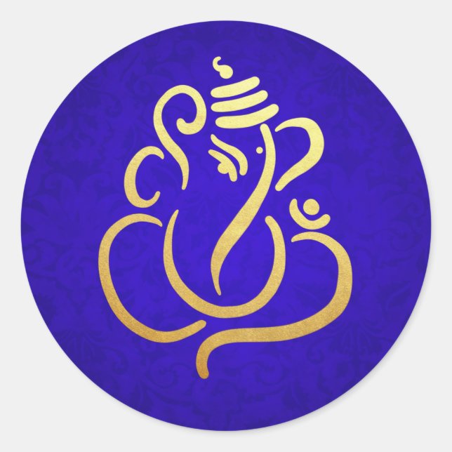 Gold Festive Ganesh | Indian God Damask Blue Classic Round Sticker (Front)