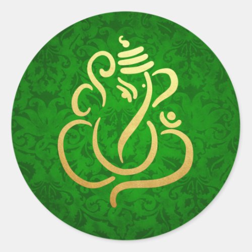 Gold Festive Ganesh  Indian God Damask Green Classic Round Sticker