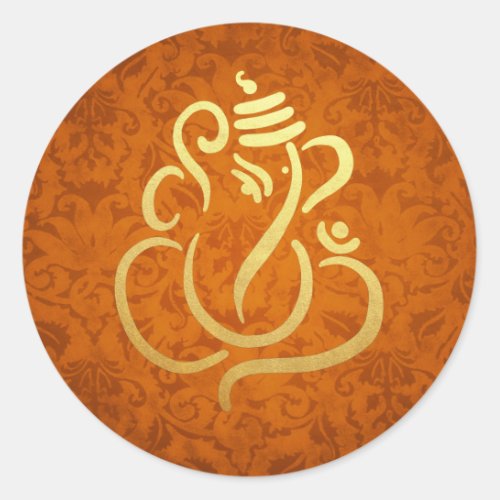 Gold Festive Ganesh  Indian God Damask Orange Classic Round Sticker