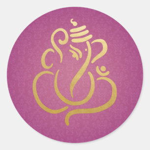 Gold Festive Ganesh   Indian God Damask Purple Classic Round Sticker